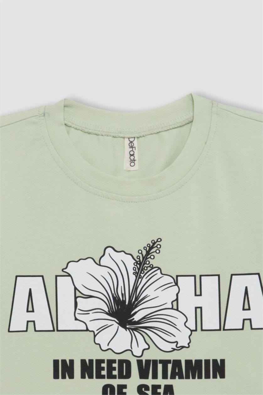 Kız Çocuk - Genç Kız Açık Mint Bisiklet Yaka Baskılı Kısa Kollu Tişört Kız Çocuk