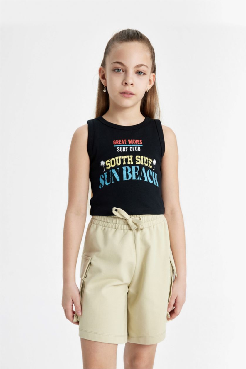 Kız Çocuk - Genç Kız Siyah Bisiklet Yaka Baskılı Atlet Kız Çocuk