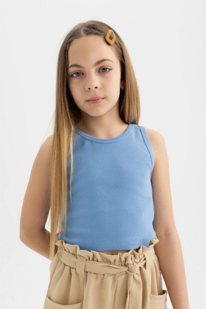 Kız Çocuk - Genç Kız Mavi Bisiklet Yaka Basic Düz Atlet Kız Çocuk