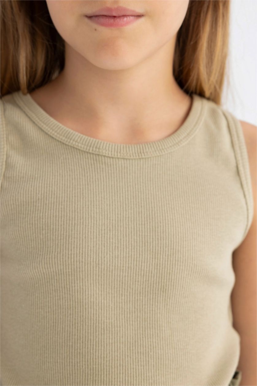 Kız Çocuk - Genç Kız Açık Haki Bisiklet Yaka Basic Düz Atlet Kız Çocuk