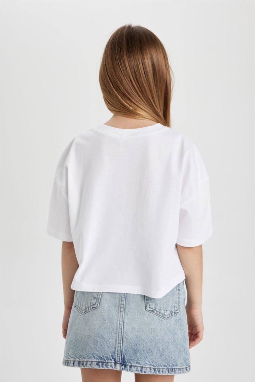 Kız Çocuk - Genç Kız Beyaz Bisiklet Yaka Crop Baskılı Kısa Kollu Tişört Kız Çocuk