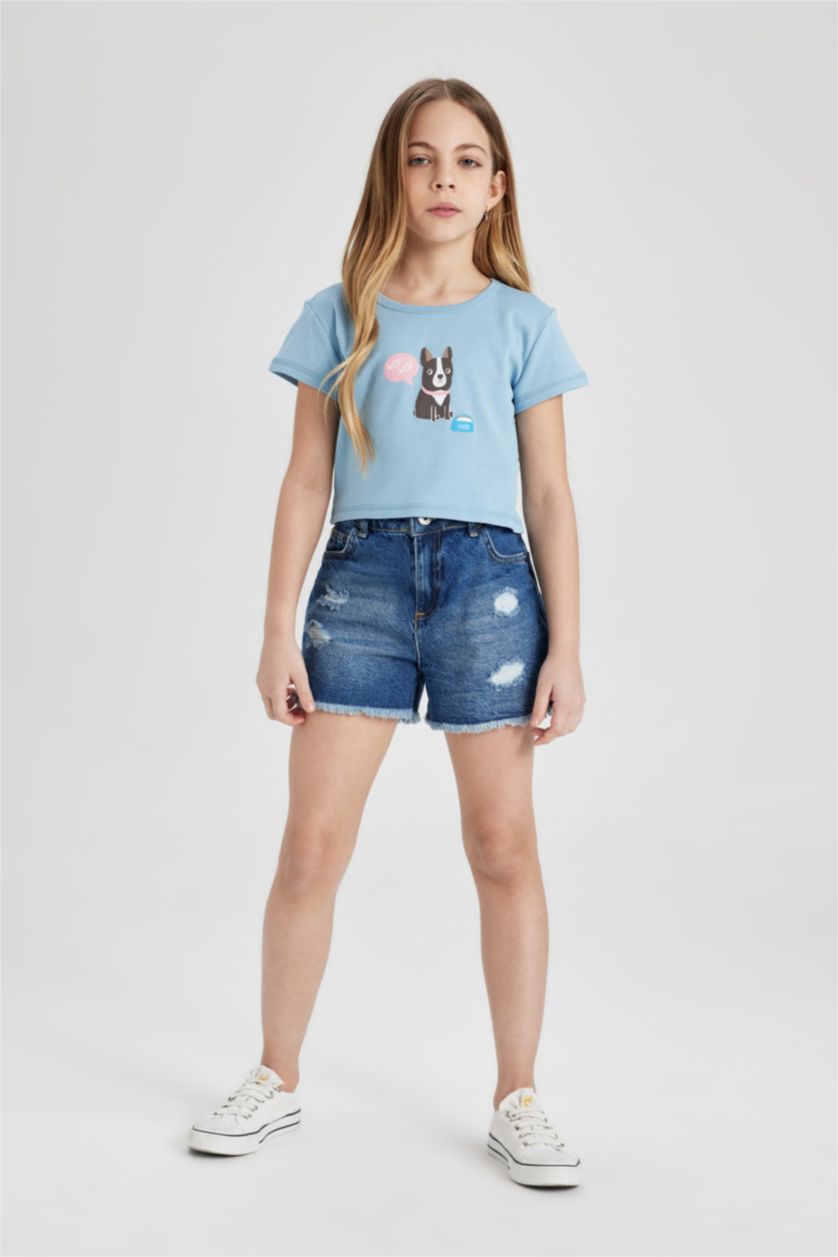 Kız Çocuk - Genç Kız Açık Mavi Kız Çocuk Bisiklet Yaka Baskılı Ribana Kısa Kollu Tişört