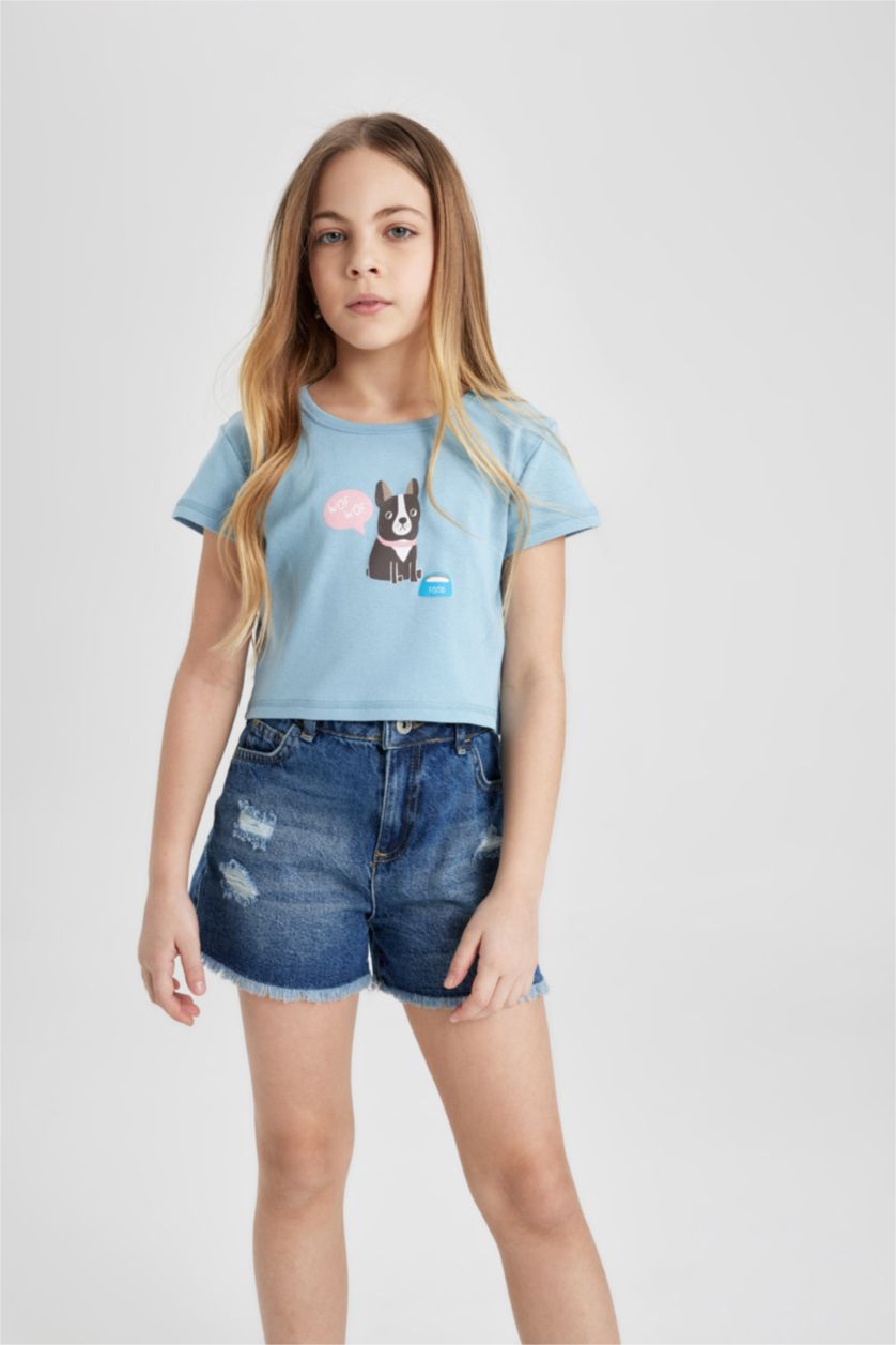 Kız Çocuk - Genç Kız Açık Mavi Kız Çocuk Bisiklet Yaka Baskılı Ribana Kısa Kollu Tişört