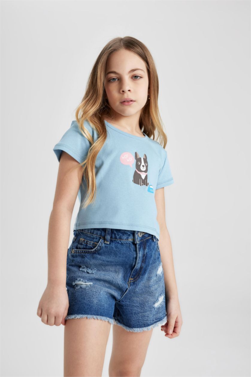 Kız Çocuk - Genç Kız Açık Mavi Kız Çocuk Bisiklet Yaka Baskılı Ribana Kısa Kollu Tişört