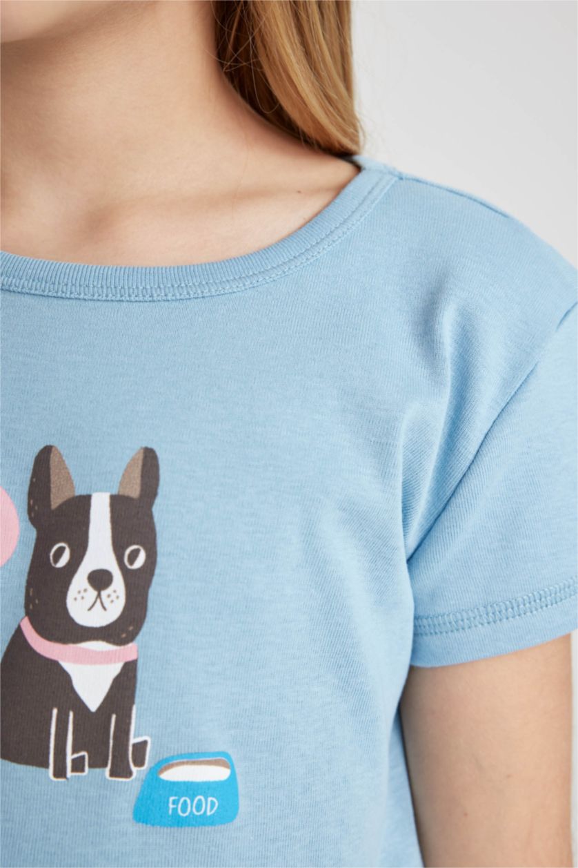 Kız Çocuk - Genç Kız Açık Mavi Kız Çocuk Bisiklet Yaka Baskılı Ribana Kısa Kollu Tişört