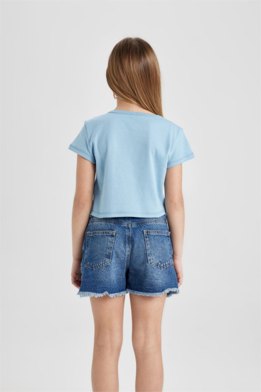 Kız Çocuk - Genç Kız Açık Mavi Kız Çocuk Bisiklet Yaka Baskılı Ribana Kısa Kollu Tişört