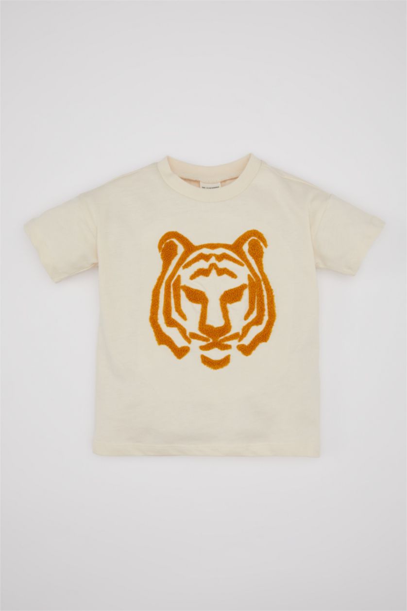 BABY BOY Light Stone Baby Boy Crew Neck Tiger Pattern Short Sleeve T-Shirt