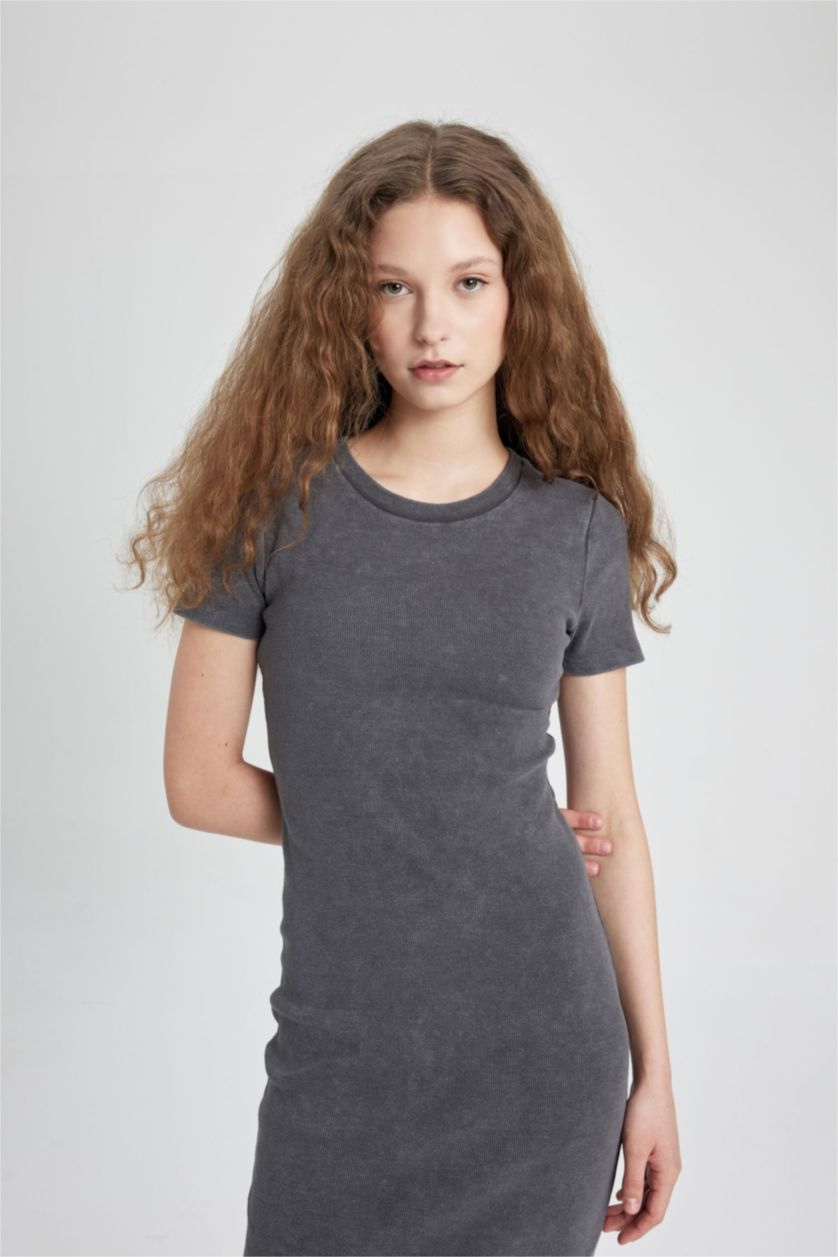 Kadın Antrasit Bodycon Vücudu Saran Bisiklet Yaka Fitilli Kaşkorse Kısa Kollu Maxi Elbise