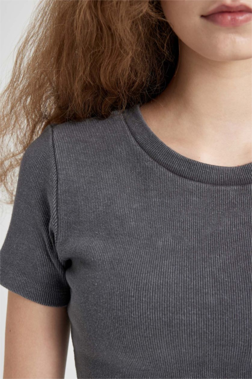 Kadın Antrasit Bodycon Vücudu Saran Bisiklet Yaka Fitilli Kaşkorse Kısa Kollu Maxi Elbise