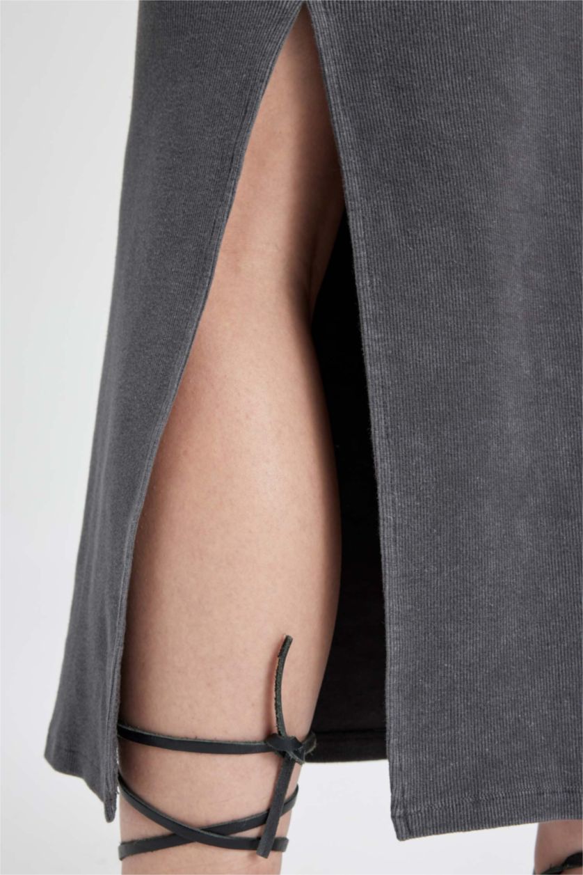 Kadın Antrasit Bodycon Vücudu Saran Bisiklet Yaka Fitilli Kaşkorse Kısa Kollu Maxi Elbise