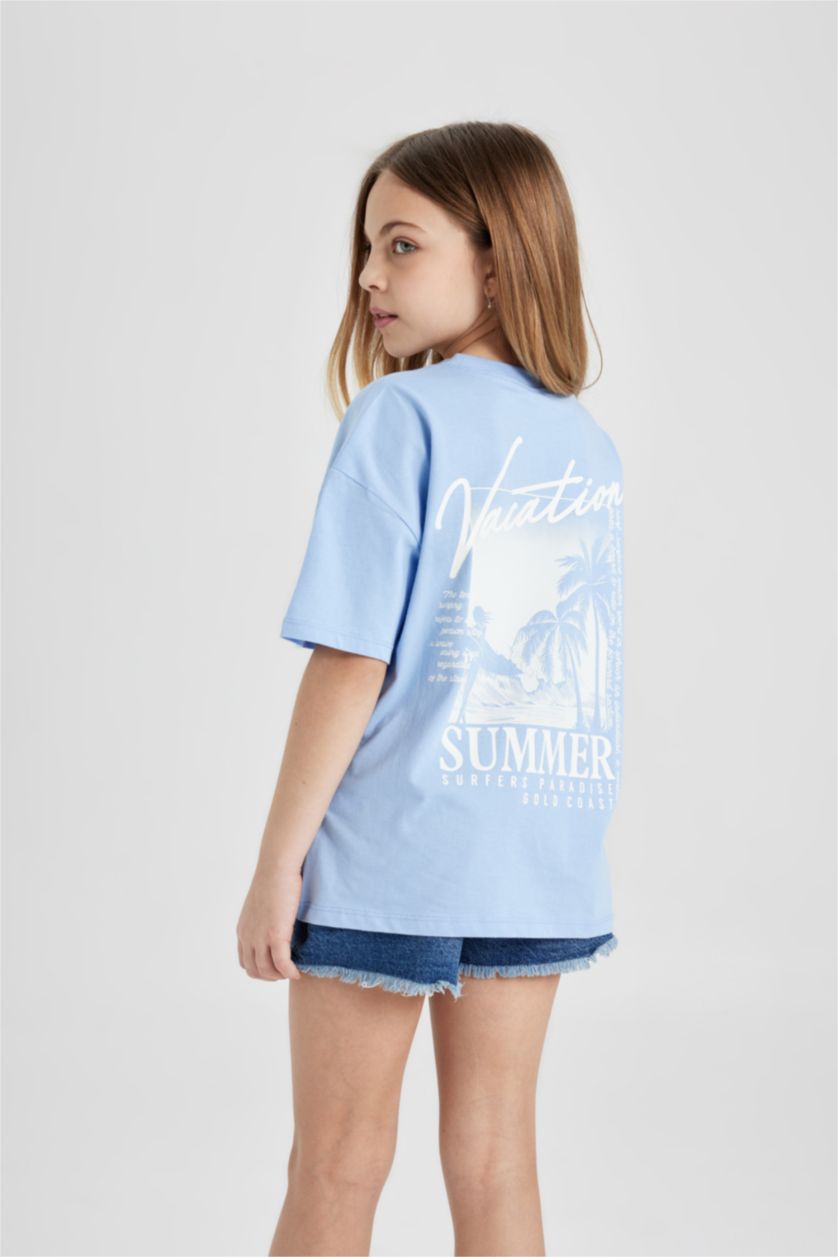GIRLS & TEENS Light Blue Girl Oversize Fit Back Printed Short Sleeve T-Shirt