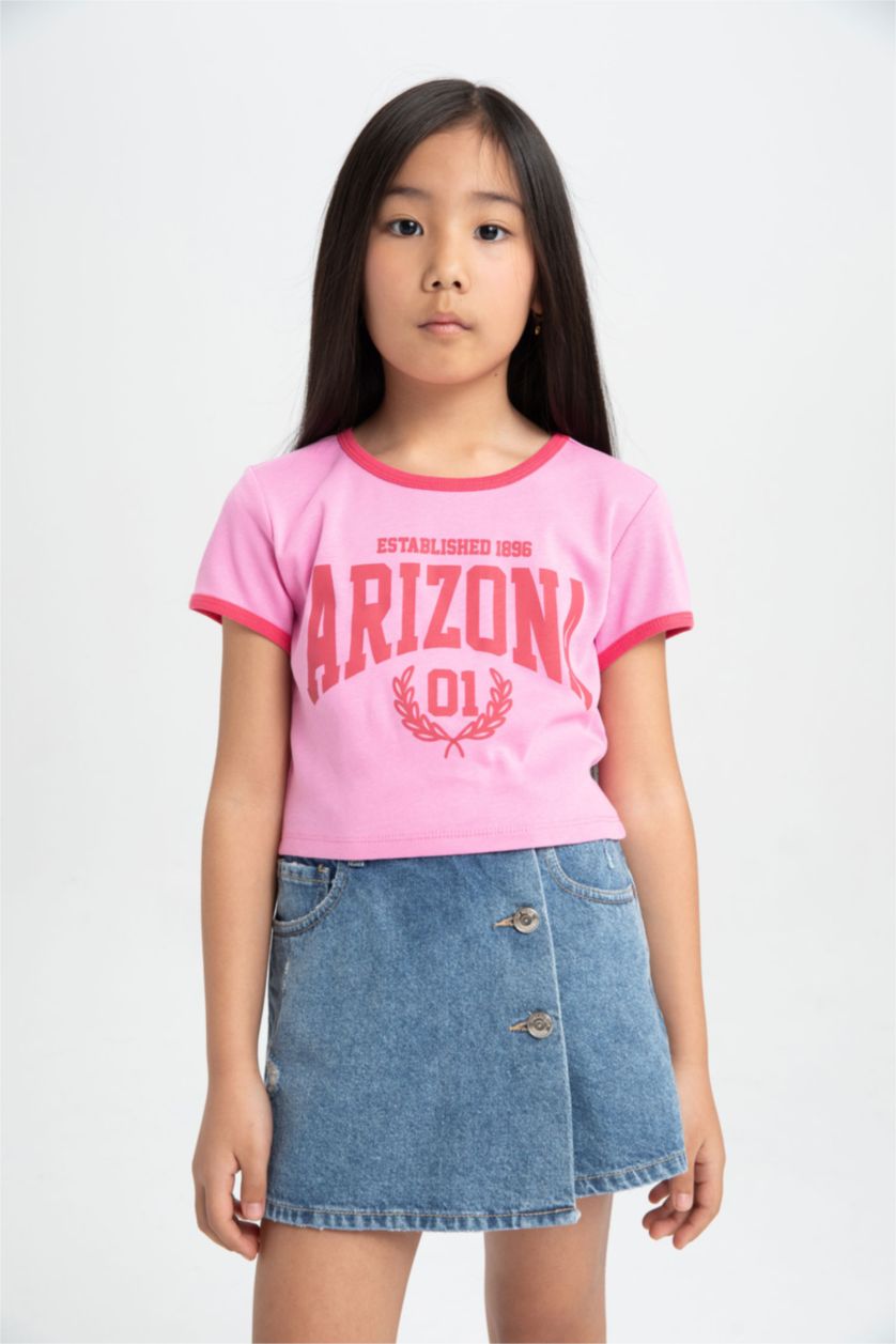 Kız Çocuk - Genç Kız Pembe Bisiklet Yaka Baskılı Kısa Kollu Tişört Kız Çocuk