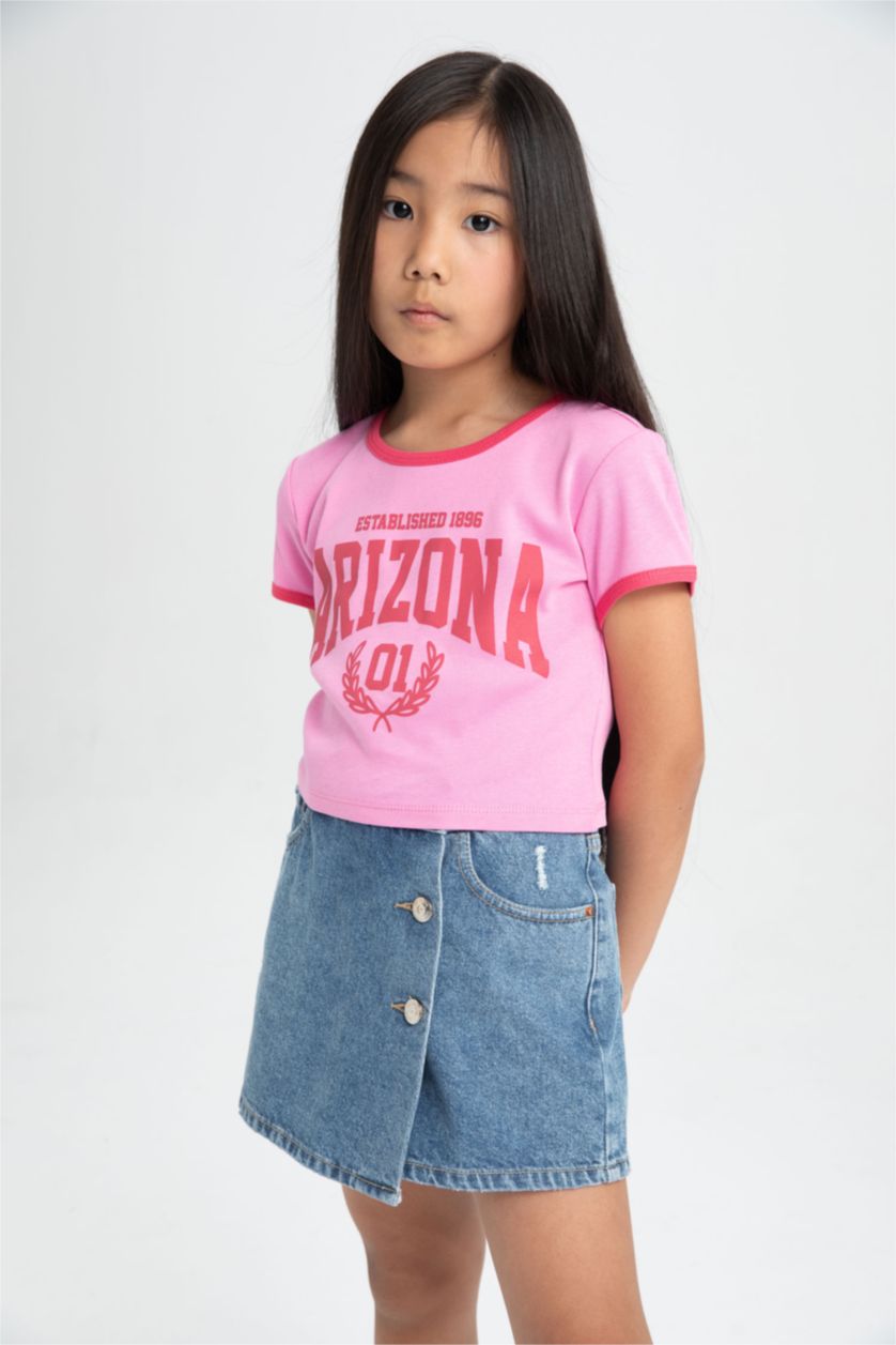 Kız Çocuk - Genç Kız Pembe Bisiklet Yaka Baskılı Kısa Kollu Tişört Kız Çocuk