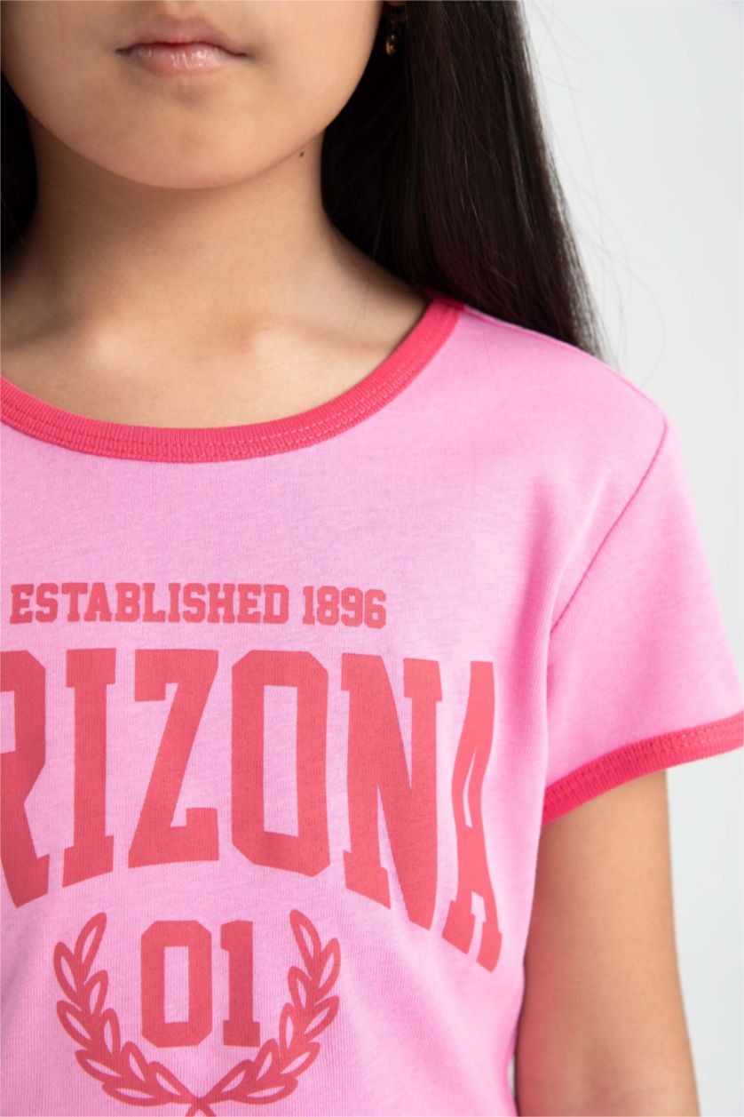 Kız Çocuk - Genç Kız Pembe Bisiklet Yaka Baskılı Kısa Kollu Tişört Kız Çocuk
