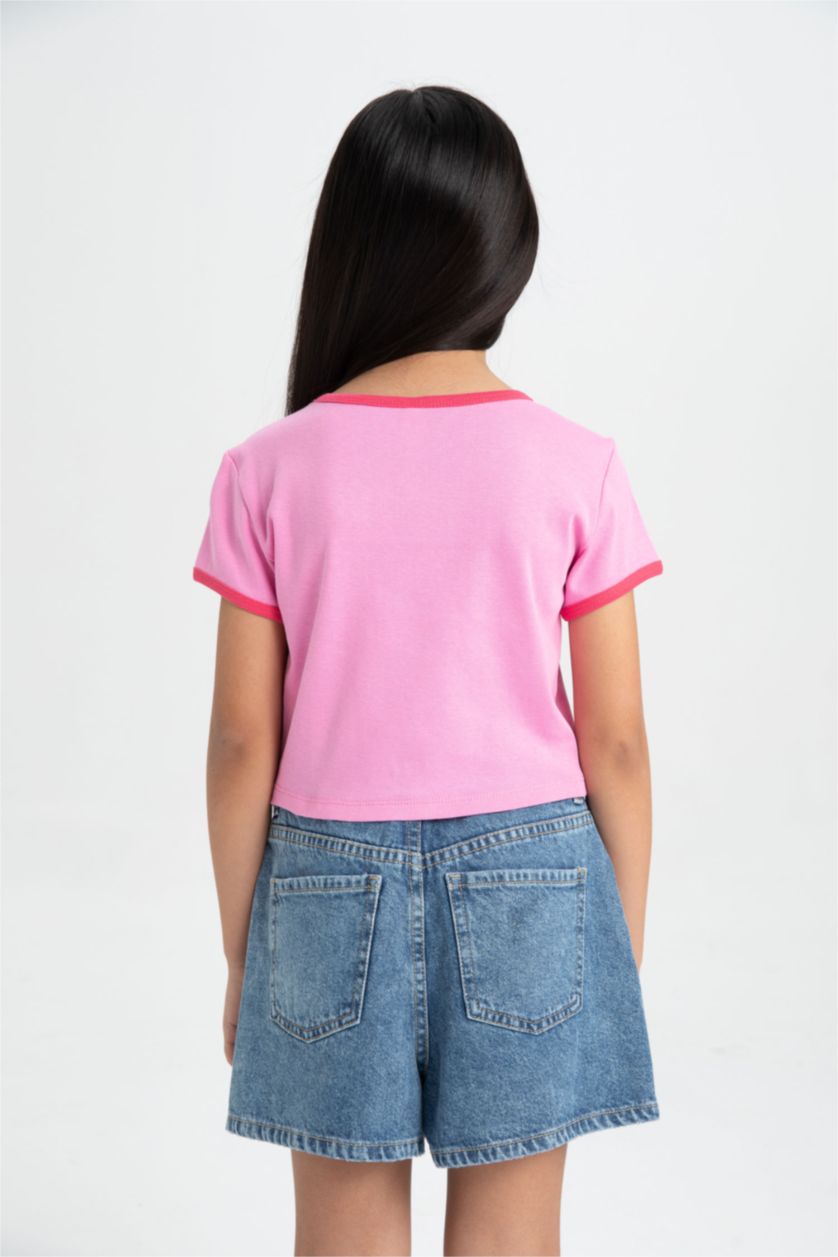 Kız Çocuk - Genç Kız Pembe Bisiklet Yaka Baskılı Kısa Kollu Tişört Kız Çocuk