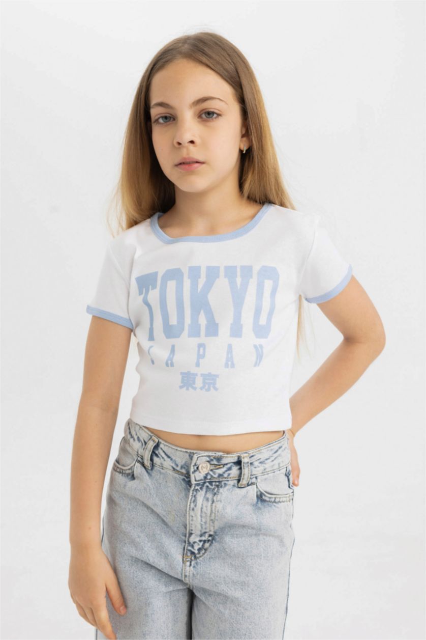 Kız Çocuk - Genç Kız Beyaz Kız Çocuk Bisiklet Yaka Baskılı Kısa Kollu Tişört