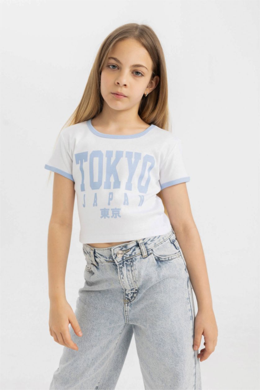 Kız Çocuk - Genç Kız Beyaz Kız Çocuk Bisiklet Yaka Baskılı Kısa Kollu Tişört