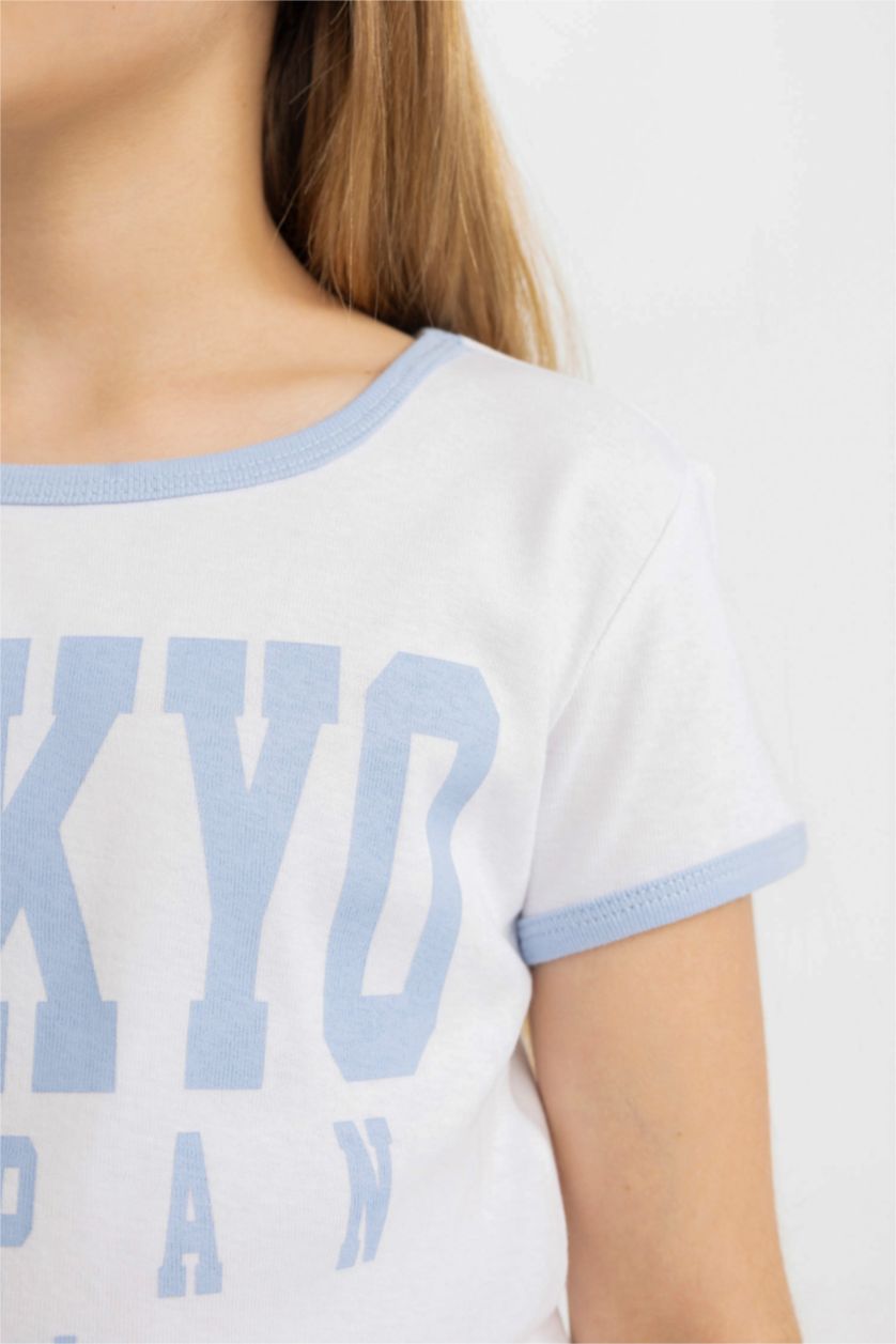 Kız Çocuk - Genç Kız Beyaz Kız Çocuk Bisiklet Yaka Baskılı Kısa Kollu Tişört