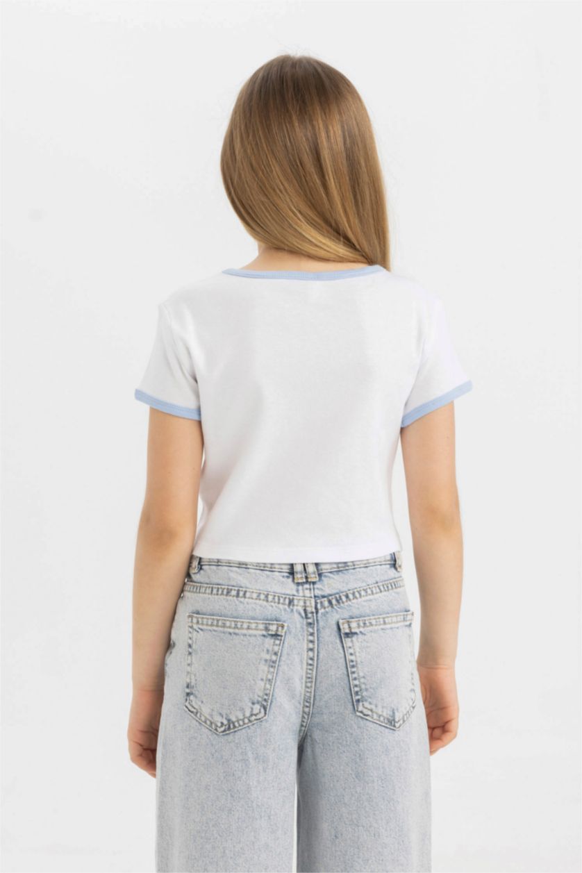 Kız Çocuk - Genç Kız Beyaz Kız Çocuk Bisiklet Yaka Baskılı Kısa Kollu Tişört