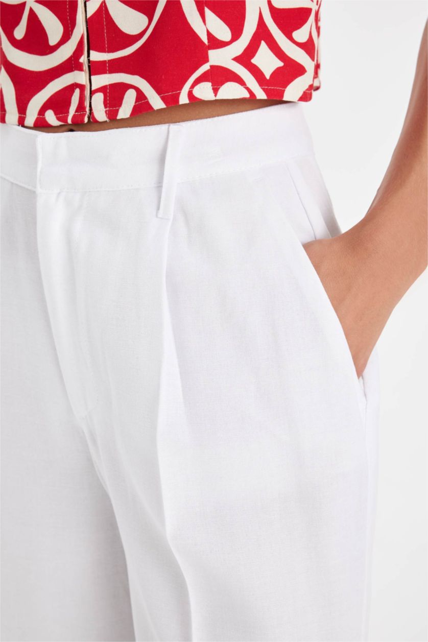 نساء Violet Beyaz بنطلون وايد ليج برجل واسع بخصر عالي من مزيج الكتان