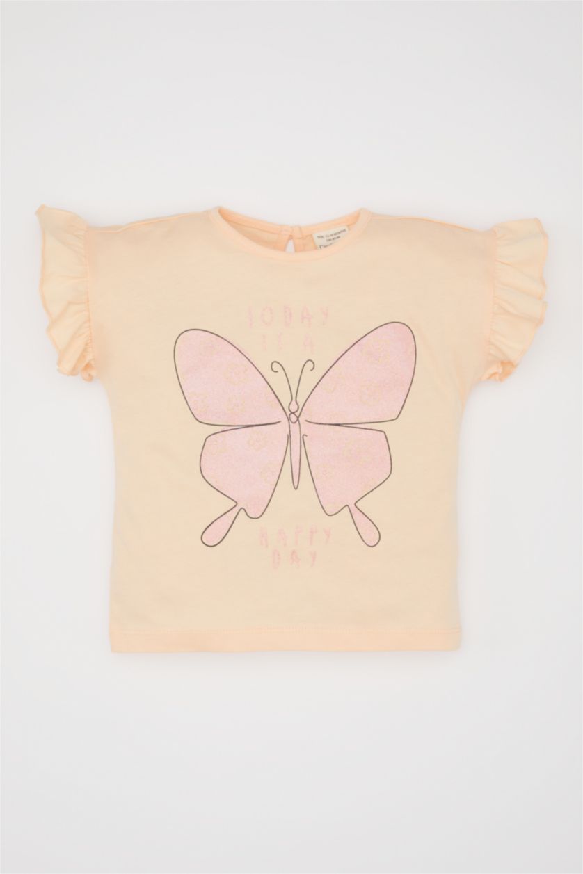 BÉBÉ FILLE Orange T-Shirt à Manches Courtes à Motif Papillon pour Bébé Fille