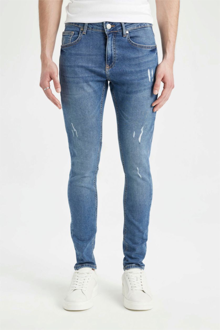 HOMME Bleu Pantalon Jean Skinny Coupe avec des Détails Déchirés