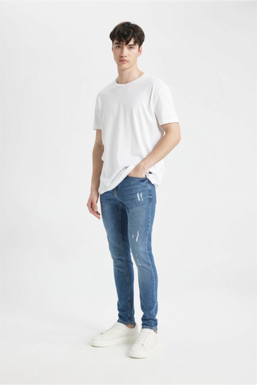 HOMME Bleu Pantalon Jean Skinny Coupe avec des Détails Déchirés
