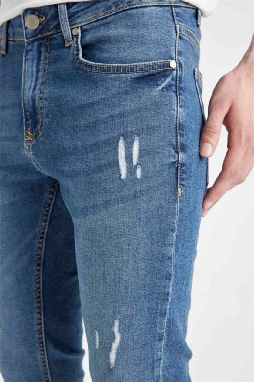 HOMME Bleu Pantalon Jean Skinny Coupe avec des Détails Déchirés