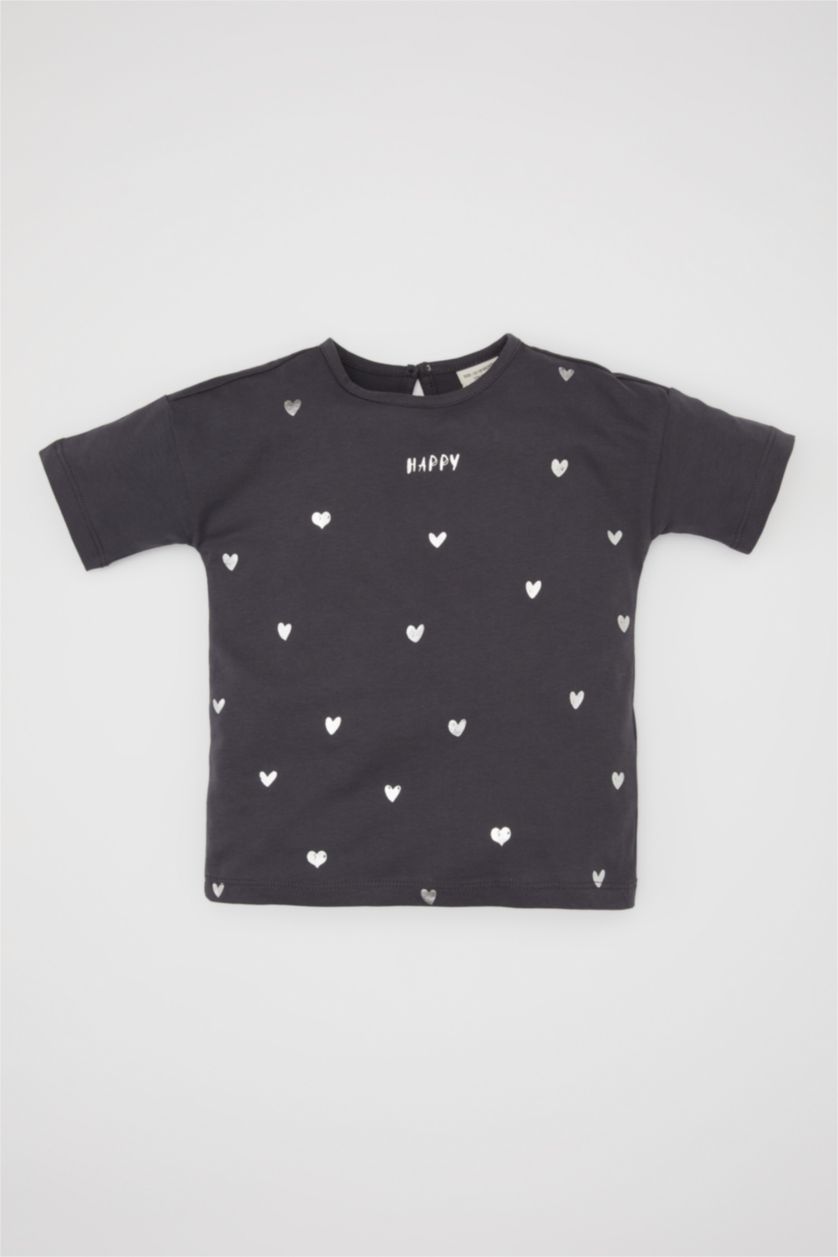 BABY GIRL Anthracite Baby Girl Heart Patterned Short Sleeve T-Shirt
