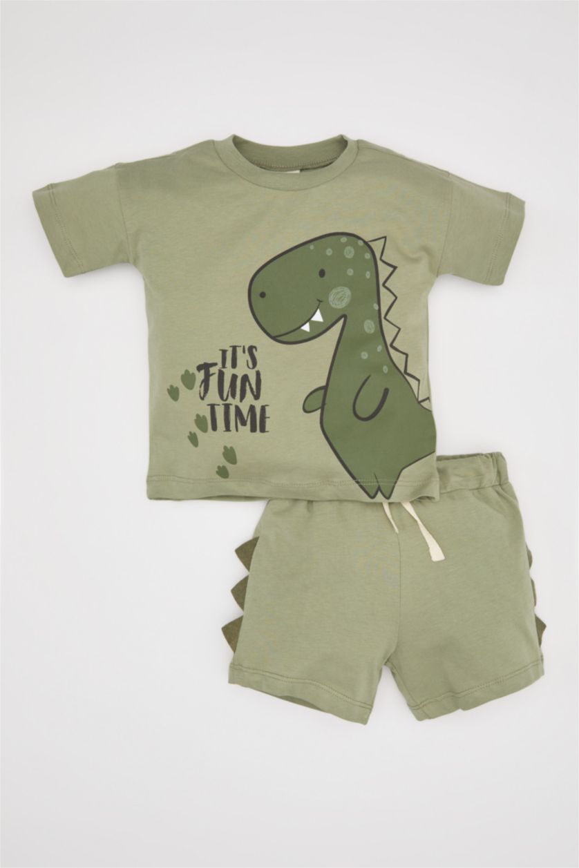 BABY BOY Light Khaki Baby Boy Dinosaur Printed Cotton 2 Piece T-Shirt Shorts Set
