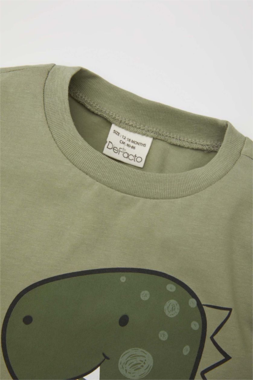 BABY BOY Light Khaki Baby Boy Dinosaur Printed Cotton 2 Piece T-Shirt Shorts Set