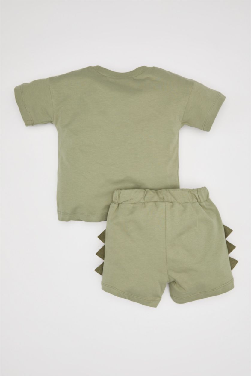 BABY BOY Light Khaki Baby Boy Dinosaur Printed Cotton 2 Piece T-Shirt Shorts Set