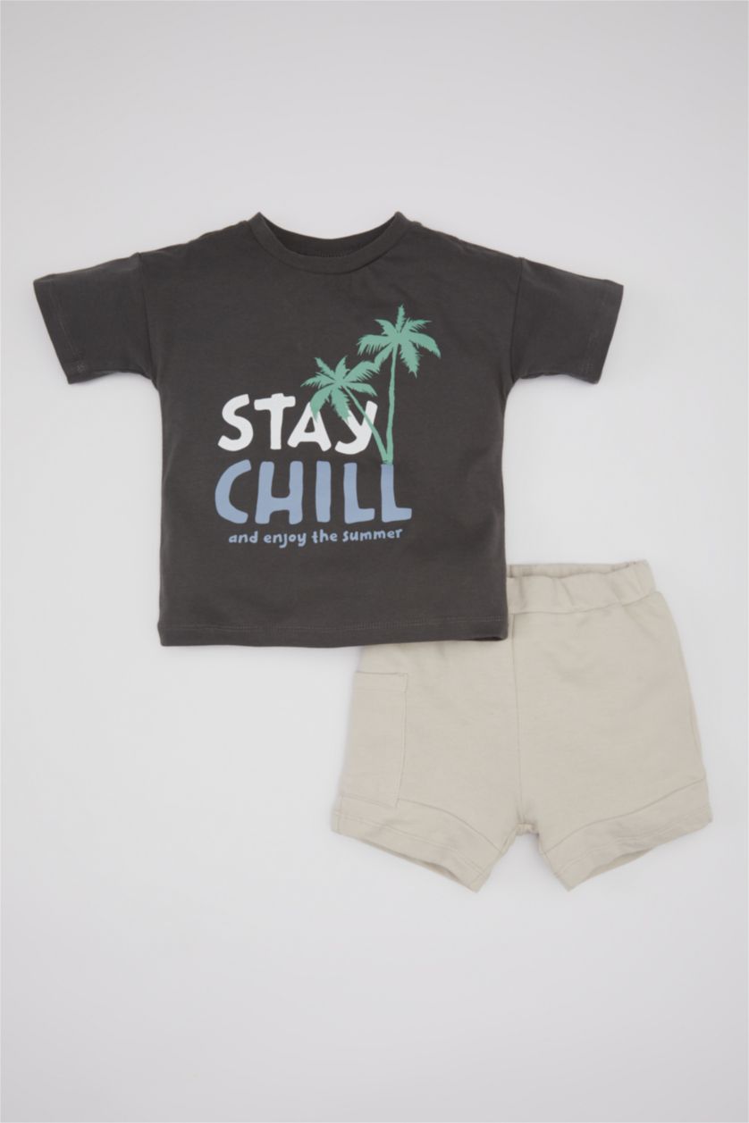 Baby Boy Grey Baby Boy Slogan Printed Cotton T-Shirt Shorts 2 Piece Set