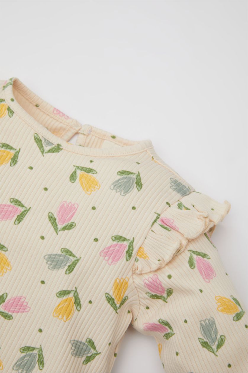 BÉBÉ FILLE Rose Clair Ensemble De T-Shirt Jersey Côtelé à Fleurs à Manches Courtes et Legging pour Bébé Fille - 2 Pièces