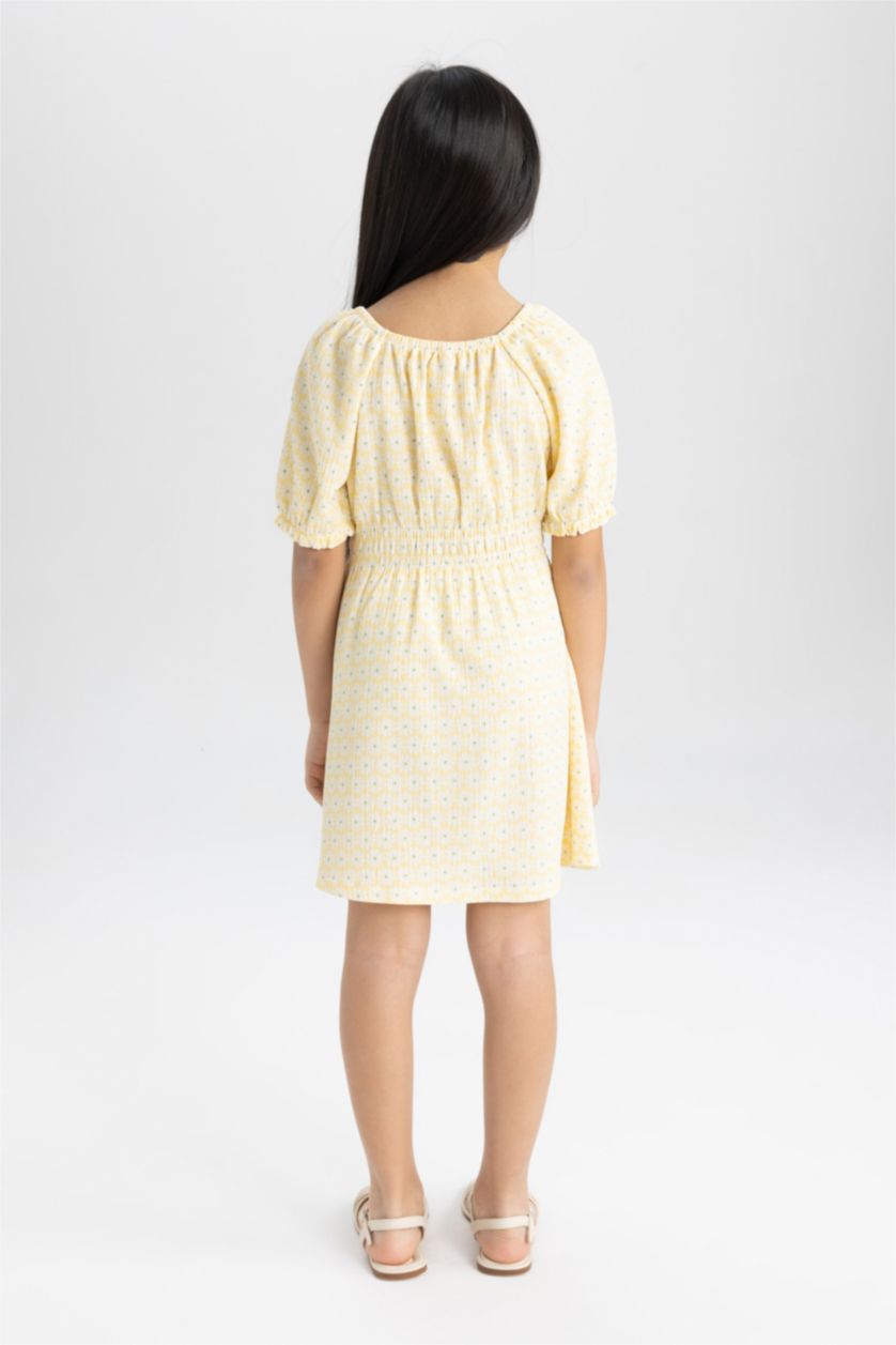 GIRLS & TEENS Light Yellow Girl Wrinkled Patterned Short Sleeve Dress