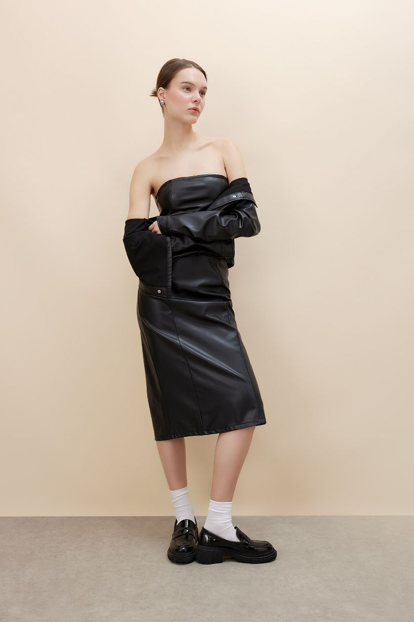 نساء أسود فستان ميدي نص ردن جلد صناعي بوديكون بدون حمالات