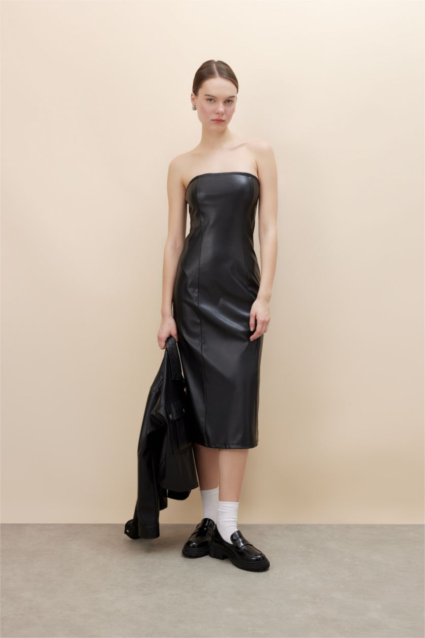 نساء أسود فستان ميدي نص ردن جلد صناعي بوديكون بدون حمالات