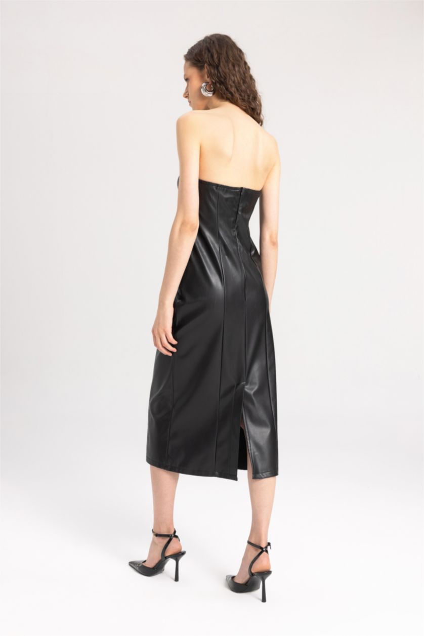 نساء أسود فستان ميدي نص ردن جلد صناعي بوديكون بدون حمالات