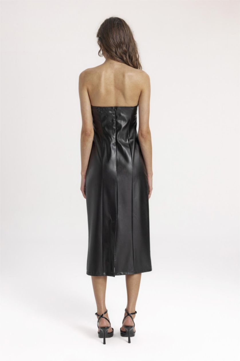 نساء أسود فستان ميدي نص ردن جلد صناعي بوديكون بدون حمالات