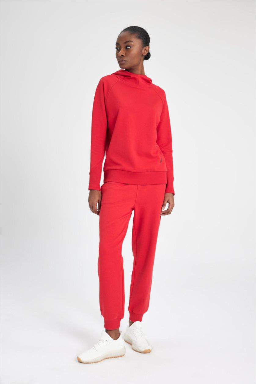 Kadın Kırmızı Jogger İnce Eşofman Altı Standart Fit Cepli Esnek Paça Skuba Dalgıç Kumaş Basic Düz