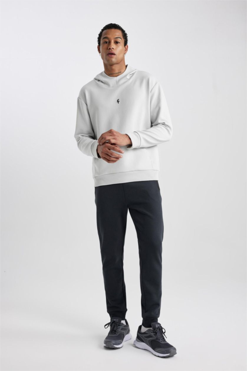 Erkek Taş Standart Fit Kapüşonlu Skuba Dalgıç Kumaş Cepli Sporcu Sweatshirt