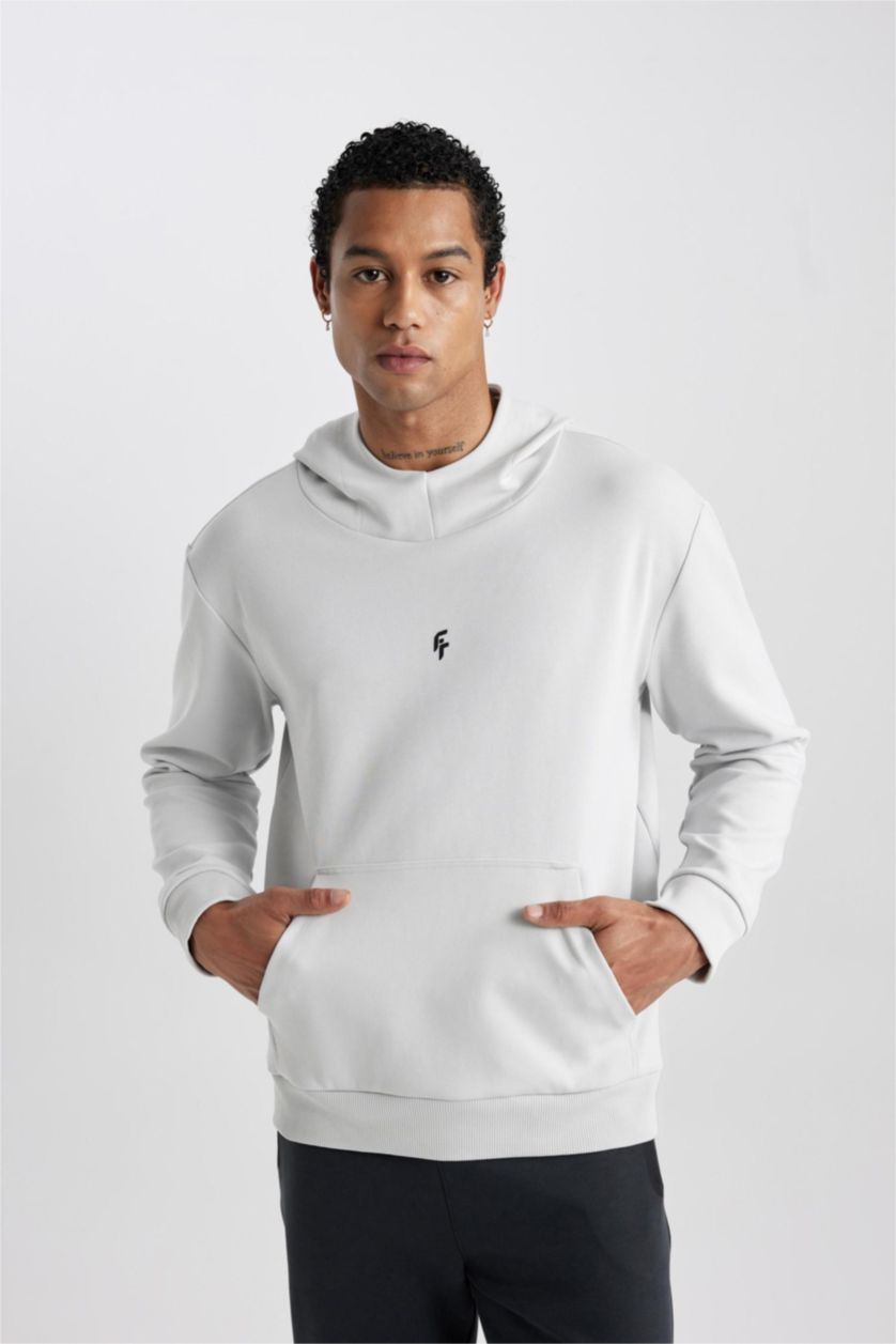 Erkek Taş Standart Fit Kapüşonlu Skuba Dalgıç Kumaş Cepli Sporcu Sweatshirt