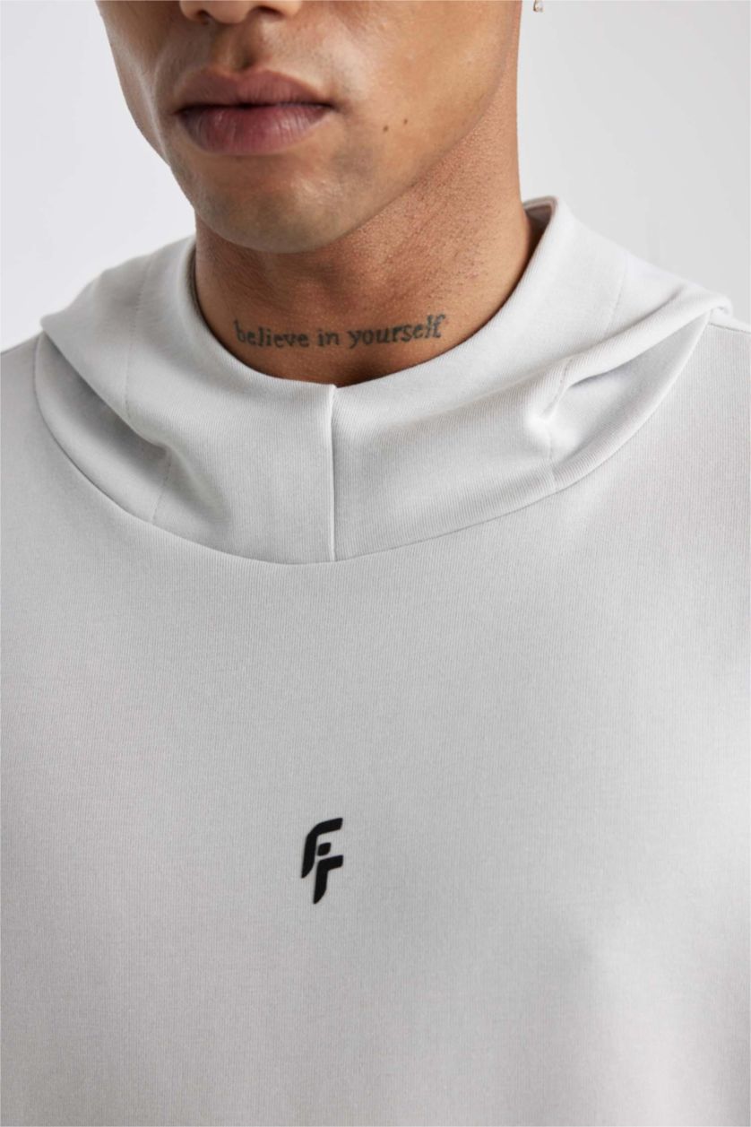 Erkek Taş Standart Fit Kapüşonlu Skuba Dalgıç Kumaş Cepli Sporcu Sweatshirt