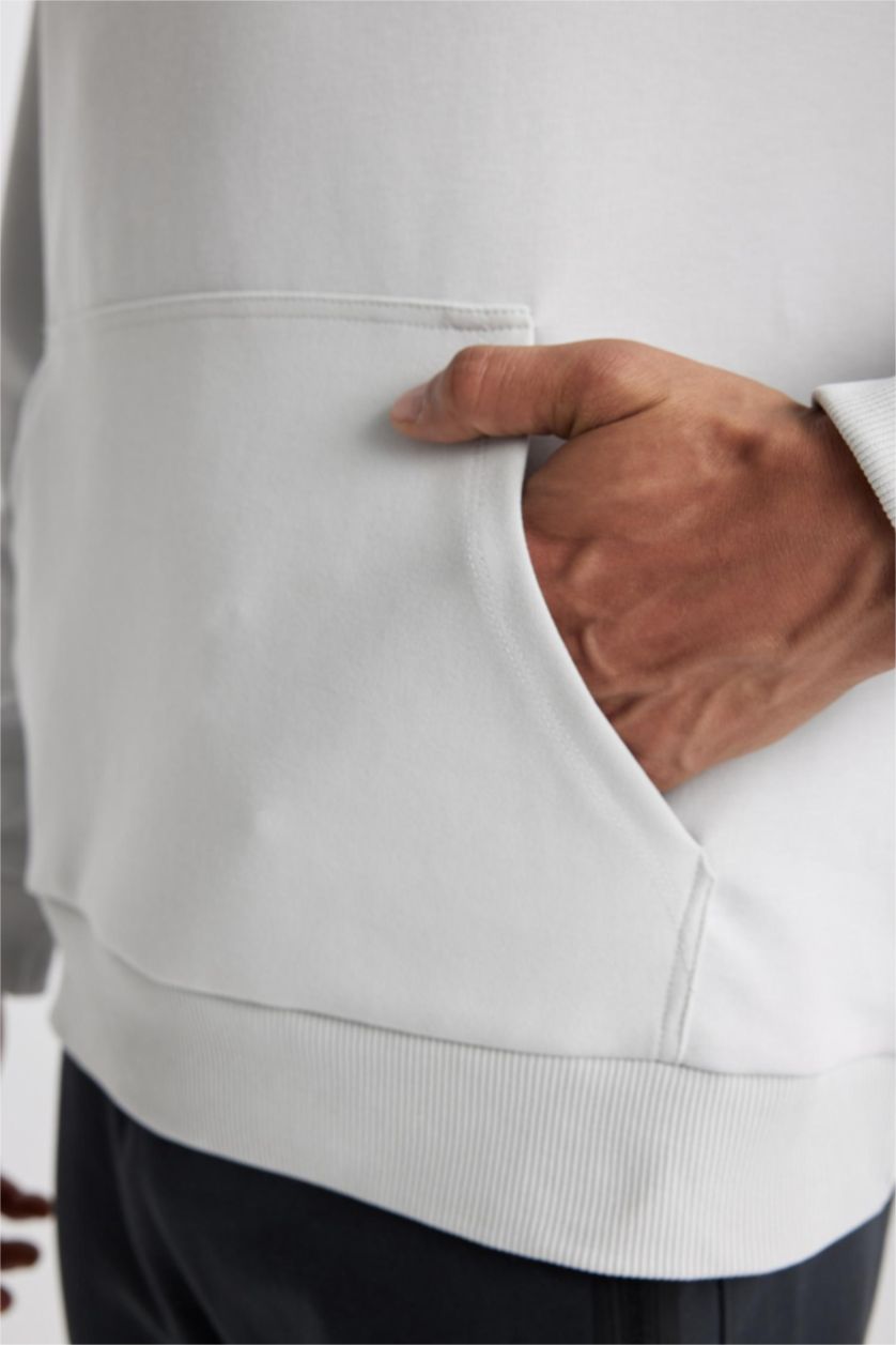 Erkek Taş Standart Fit Kapüşonlu Skuba Dalgıç Kumaş Cepli Sporcu Sweatshirt