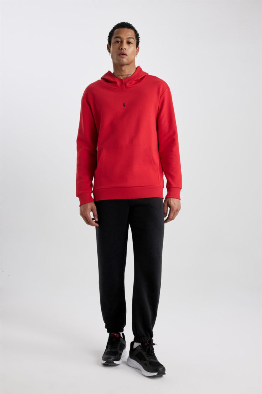 Erkek Kırmızı Standart Fit Kapüşonlu Skuba Dalgıç Kumaş Cepli Sporcu Sweatshirt