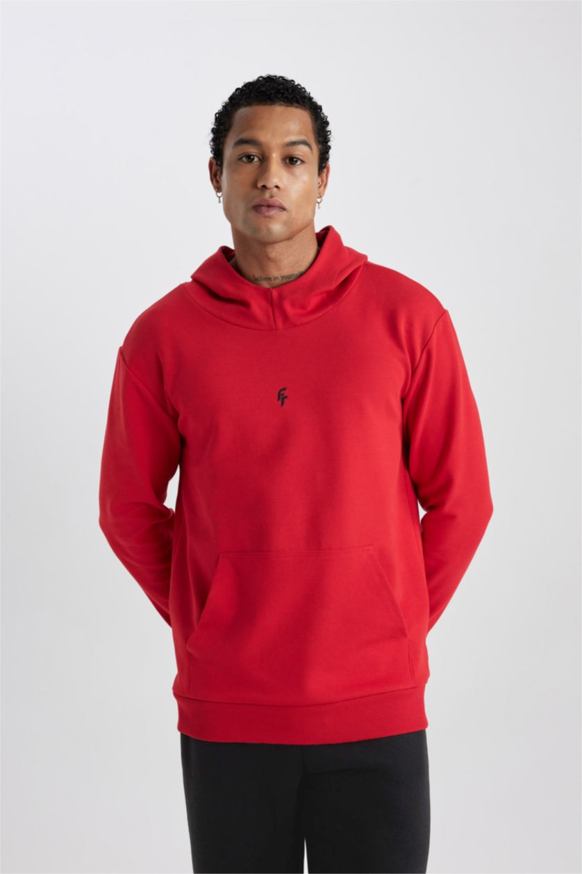 Erkek Kırmızı Standart Fit Kapüşonlu Skuba Dalgıç Kumaş Cepli Sporcu Sweatshirt