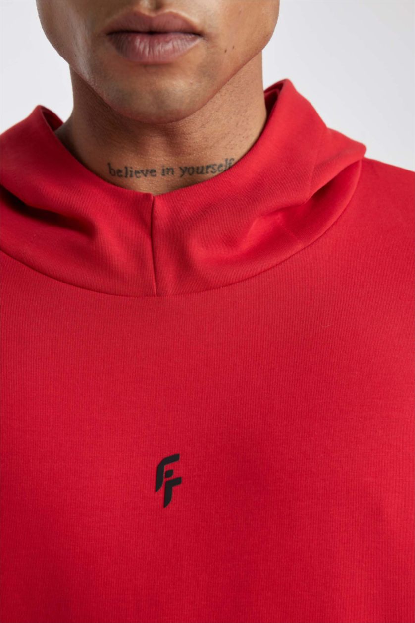 Erkek Kırmızı Standart Fit Kapüşonlu Skuba Dalgıç Kumaş Cepli Sporcu Sweatshirt