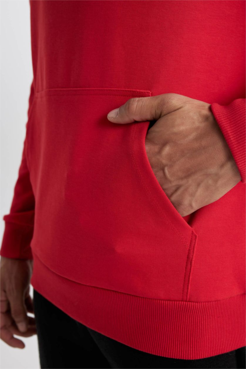 Erkek Kırmızı Standart Fit Kapüşonlu Skuba Dalgıç Kumaş Cepli Sporcu Sweatshirt