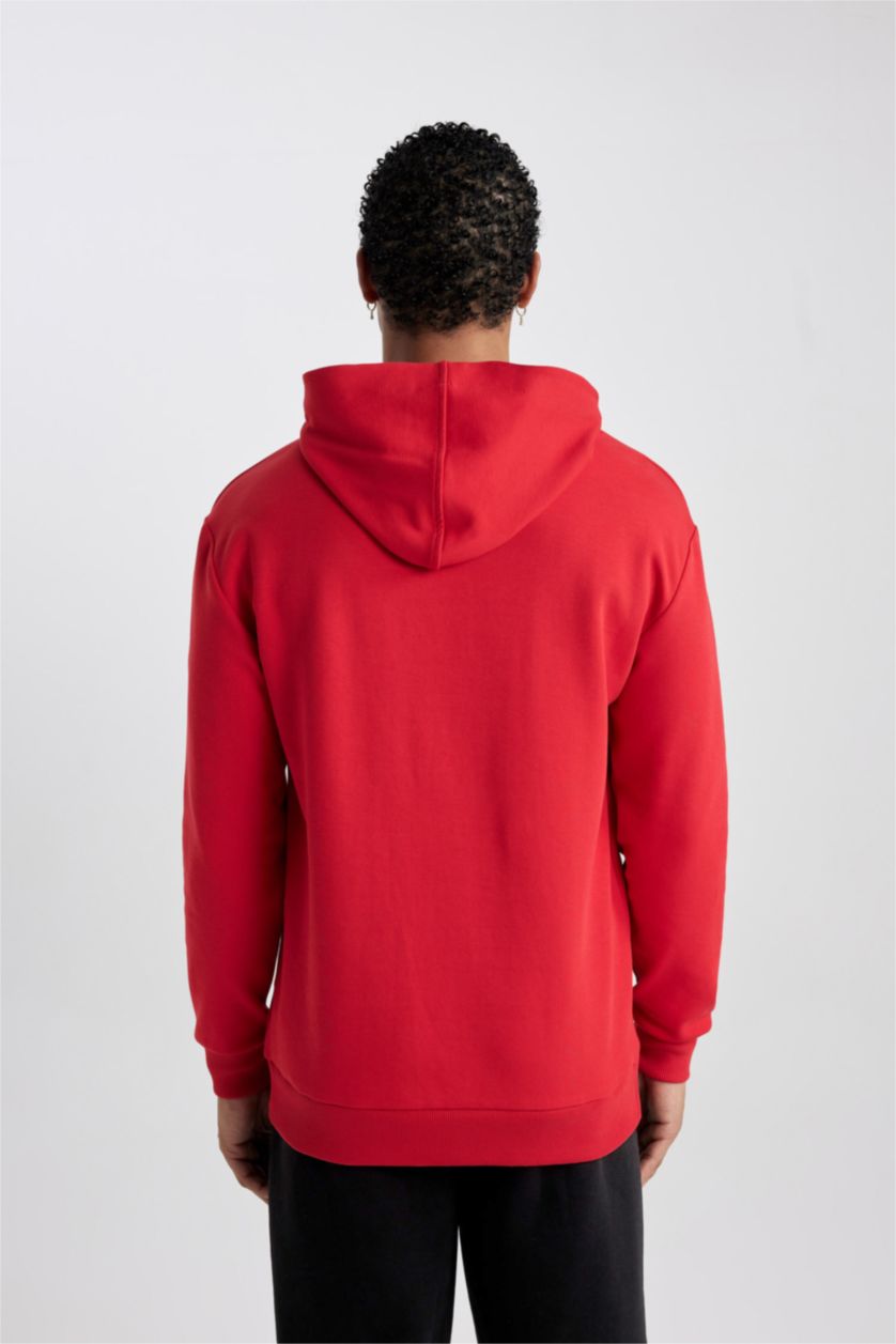 Erkek Kırmızı Standart Fit Kapüşonlu Skuba Dalgıç Kumaş Cepli Sporcu Sweatshirt