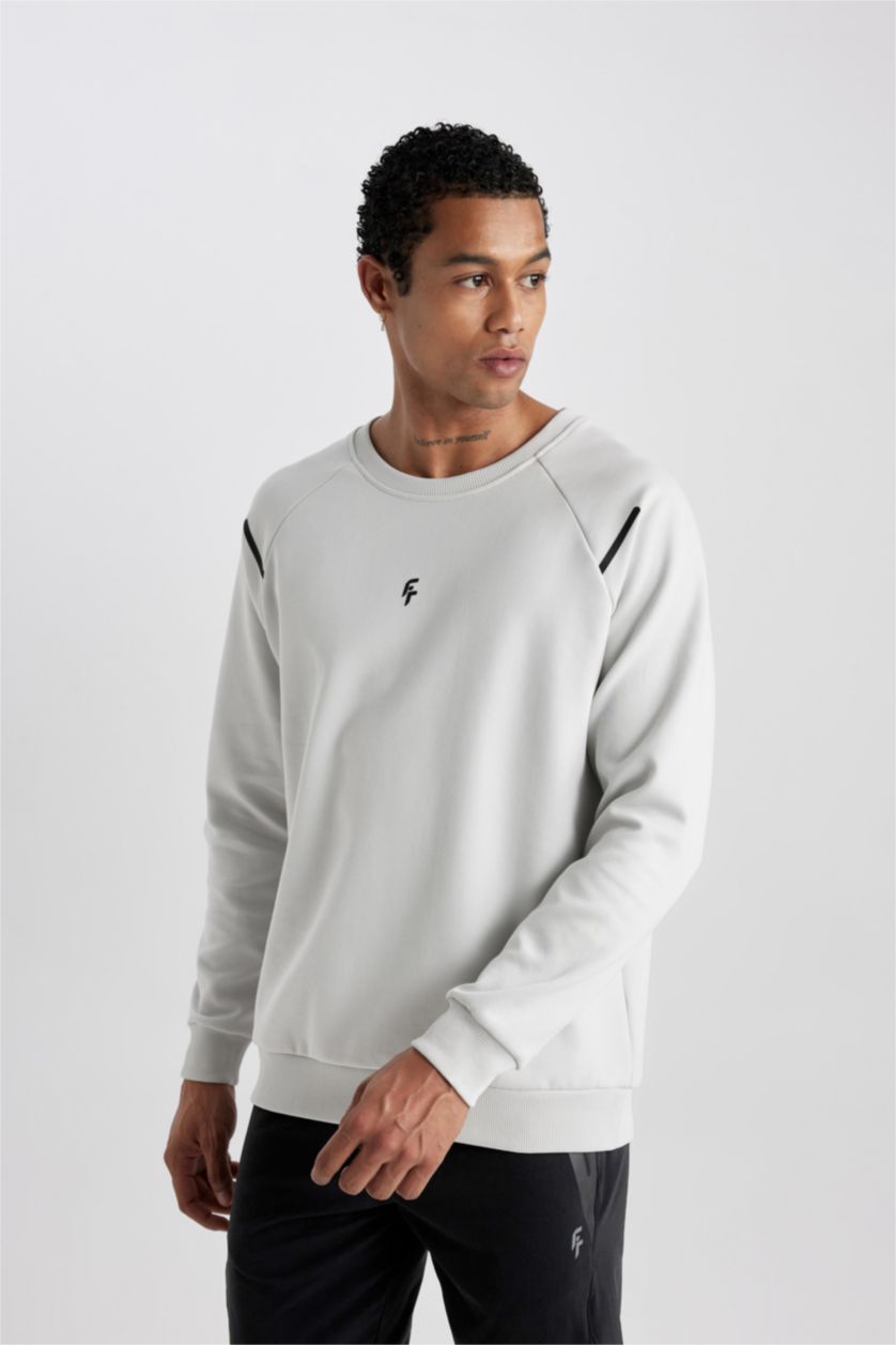 رجال اللون الحجري سويت شيرت قصة عادية من قماش سكوبا من DeFactoFit